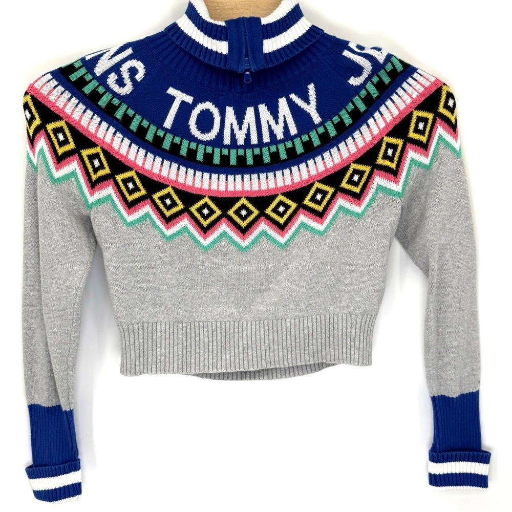Tommy Jeans Sweater Women's S Grey Fair Isle Logo Cropped Quarter Zip Mock Neck